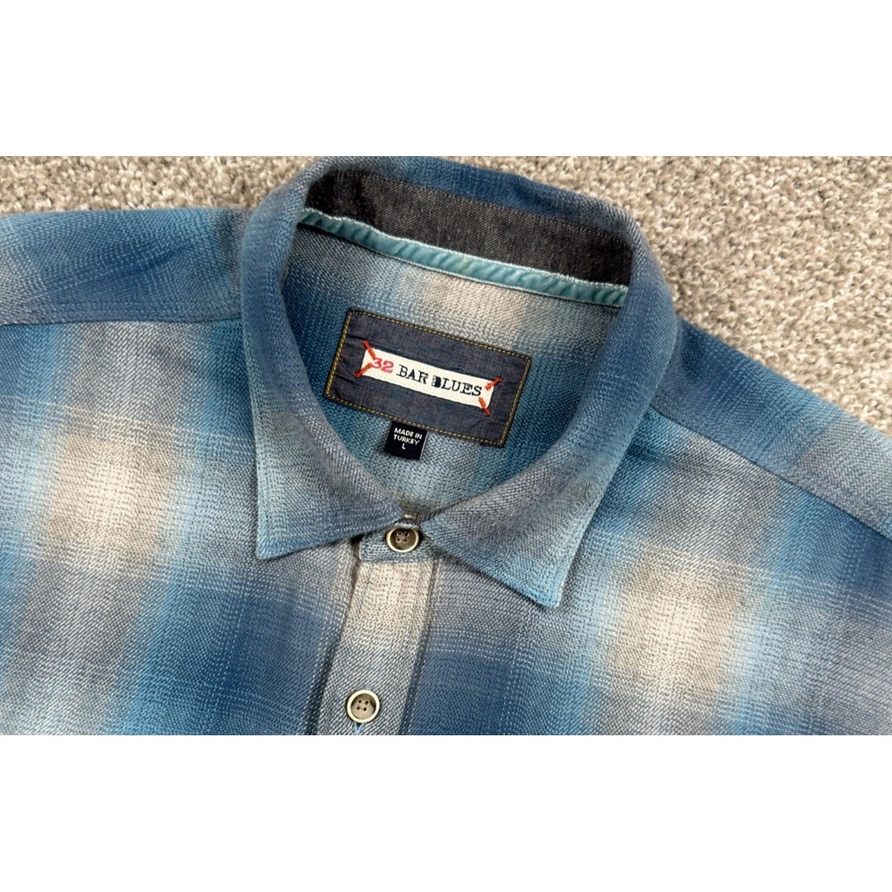 32 Bar Blues Mens L Blue Ombre Plaid Flannel Shirt 100% Cotton